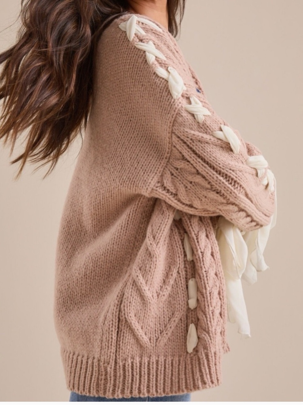 Altar'd State Callia Ribbon Chunky Cable Knit Cardigan in Taupe and Ivory - Picture 2 of 9